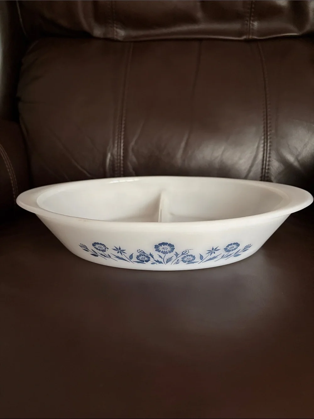 Vintage Glassbake Divided Serving Bowl with Blue Floral Border